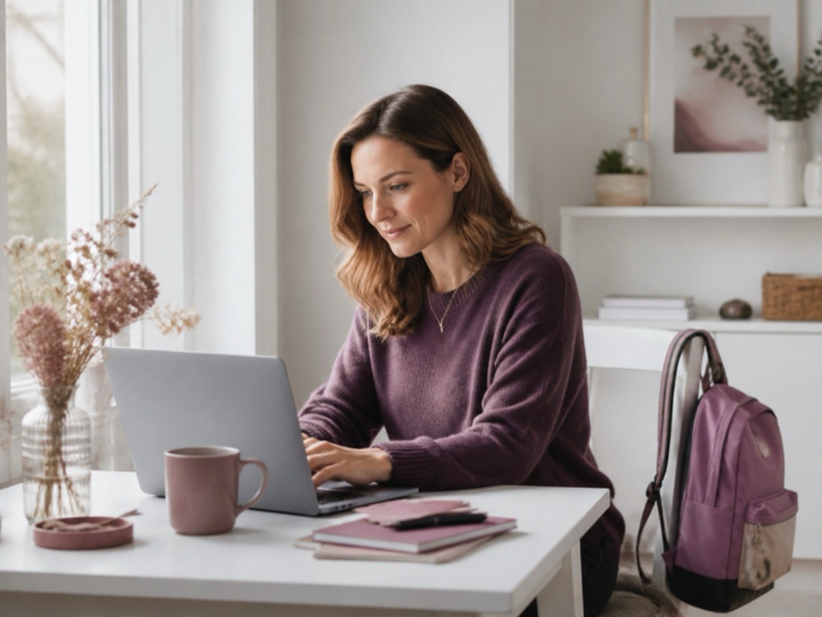 A mother working on a laptop at a bright desk by a window